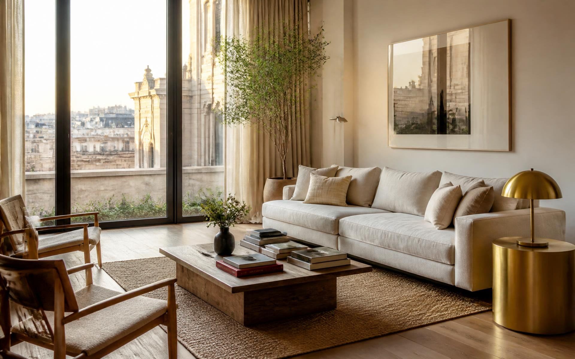 Elegant, light-filled luxury apartment living room with a city view